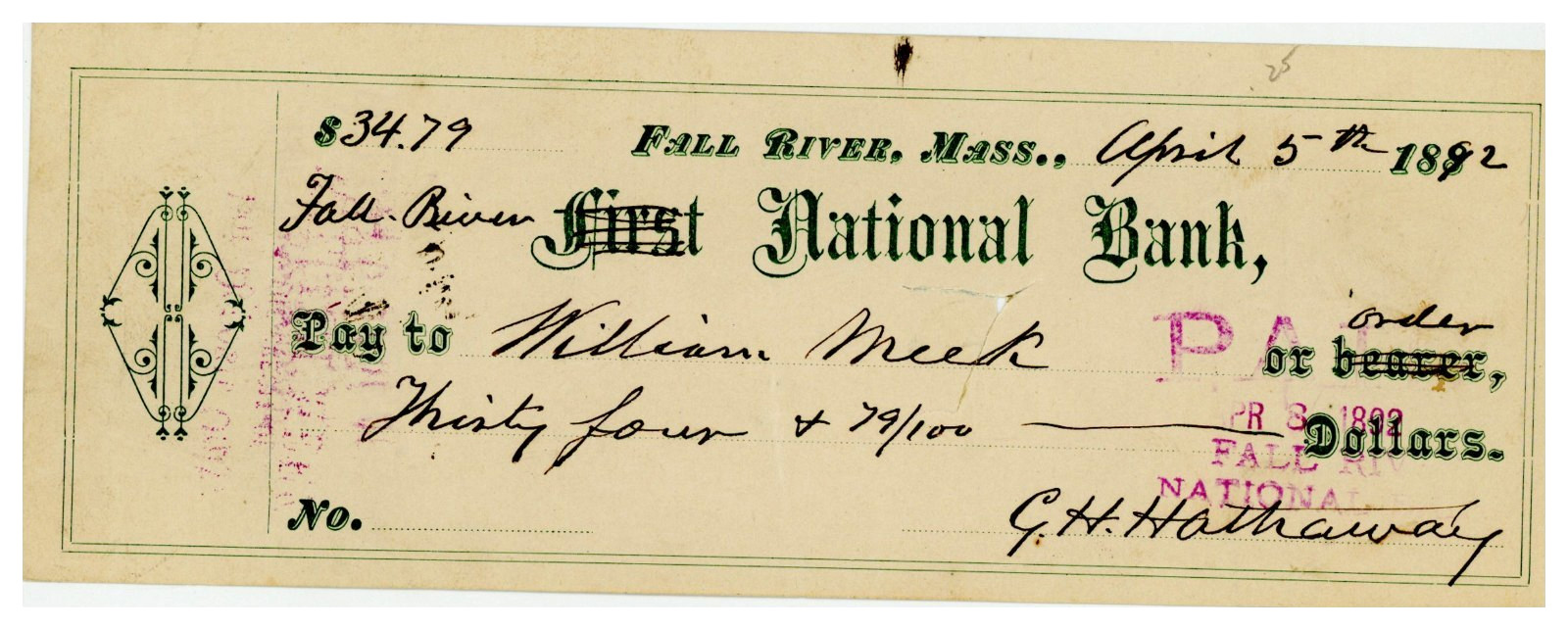 1892 Fall River Mass. Bank Check William Meek Signed G.H. Hathaway Antique