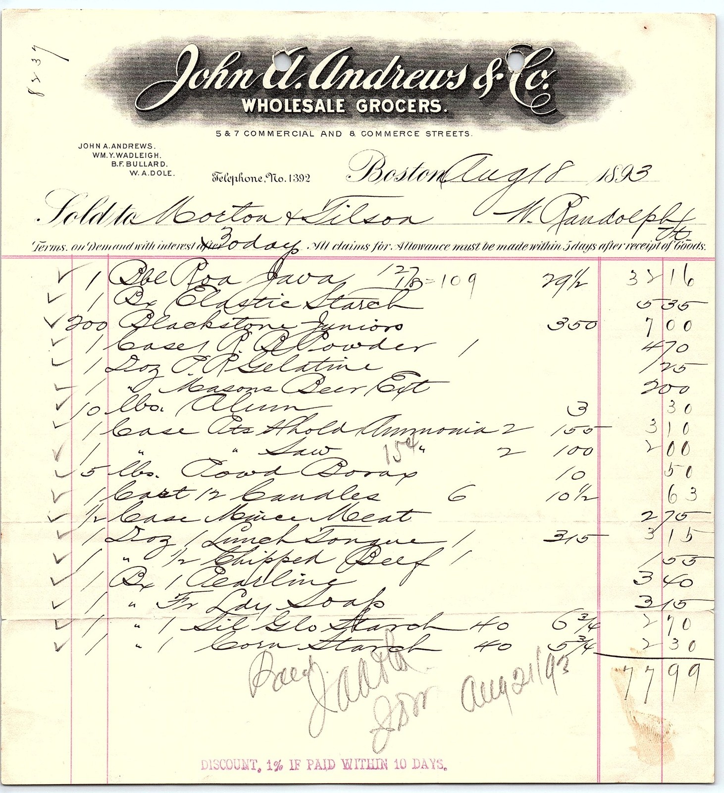1893 Boston Grocer Billhead - John A. Andrews & Co.