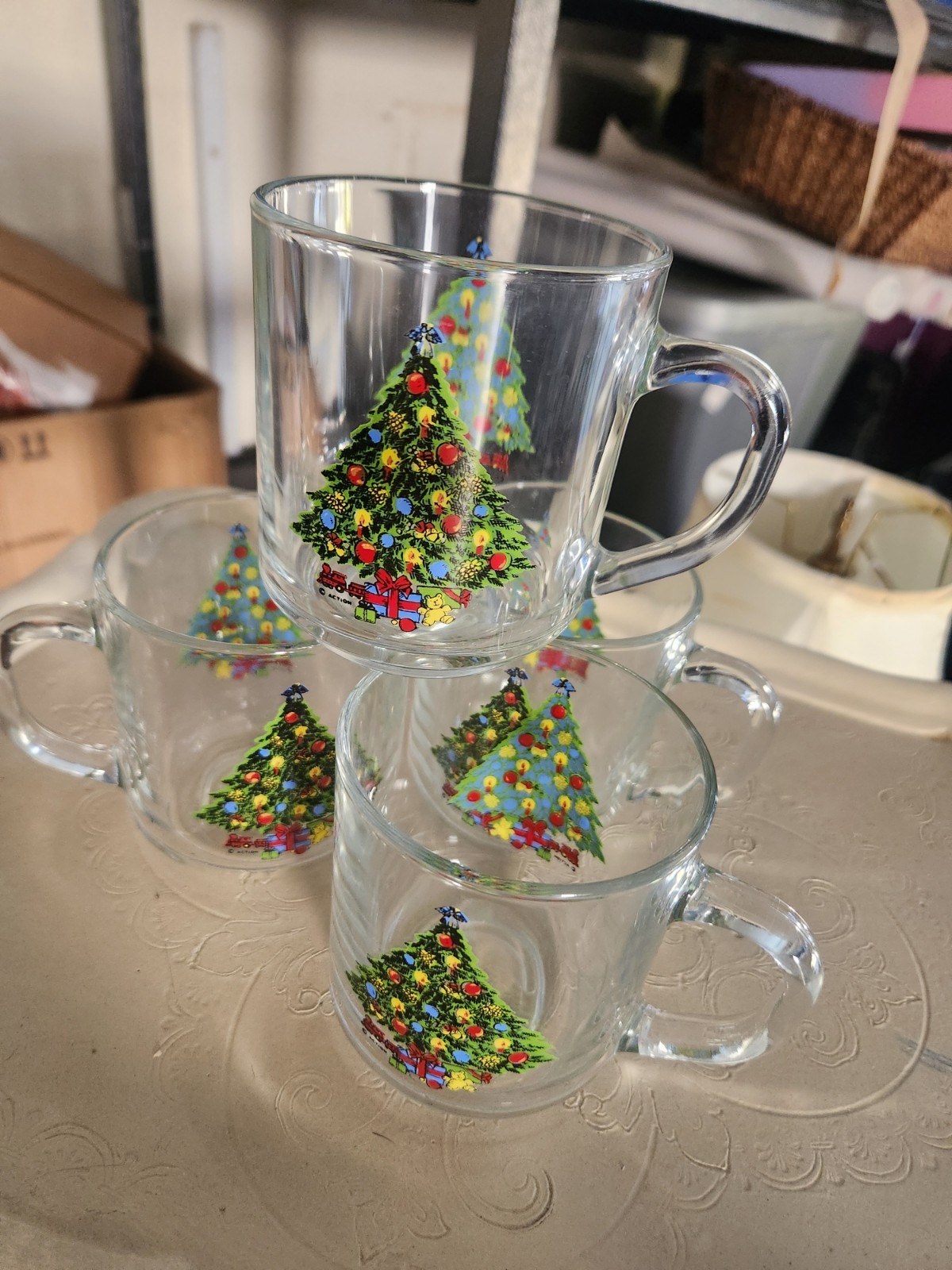 Vintage Set of 4 Action Industries Christmas Tree Clear Glass Mugs - 1985