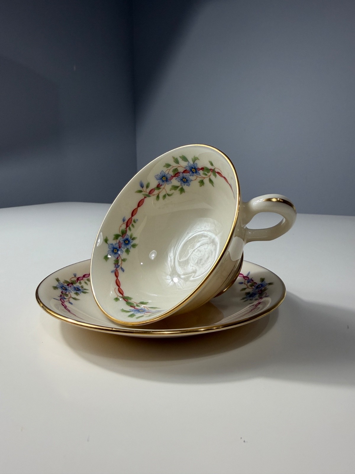 Vintage Lenox Belvidere S-314 Tea Cup & Saucer Blue Floral Pink Ribbon Gold USA
