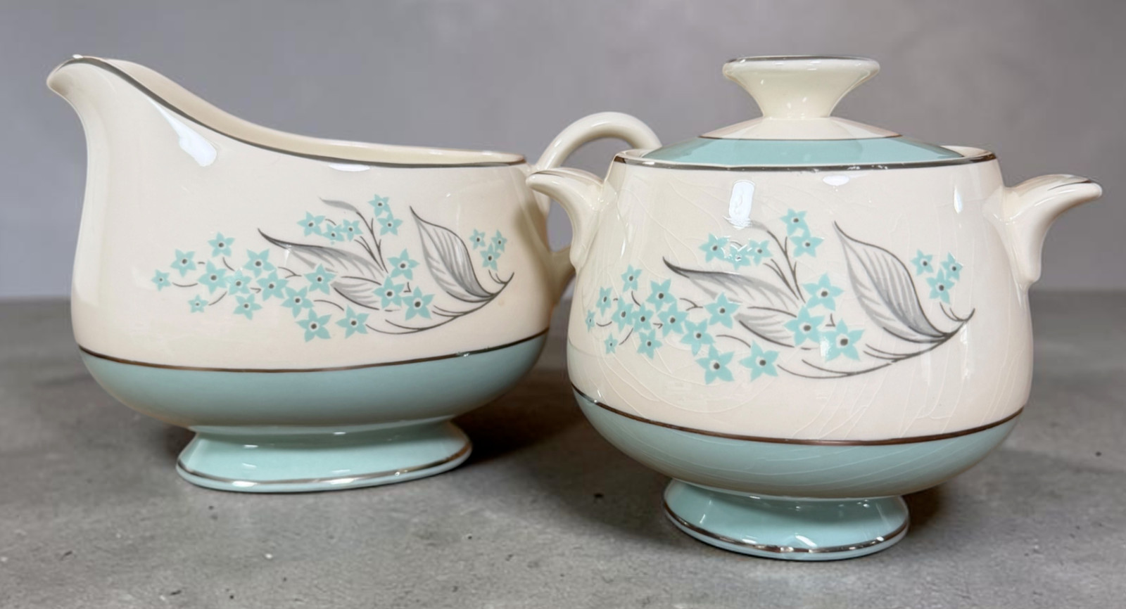 Vintage Sevron Blue Lace Cream & Sugar Bowl Set With Lid MCM
