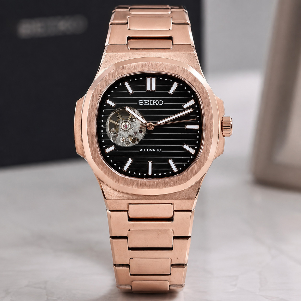 Seiko Automatic Men’s Watch Rose Gold Stainless Steel Black Dial Luxury Wristwat