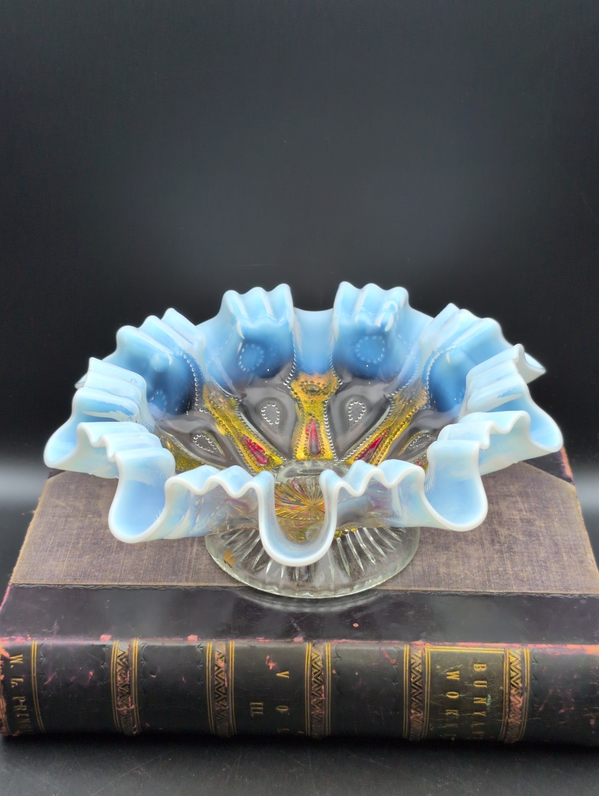 Vintage Dugan EAPG White Opalescent Keyhole 3-in-1 Ruffled Compote Bowl 1905