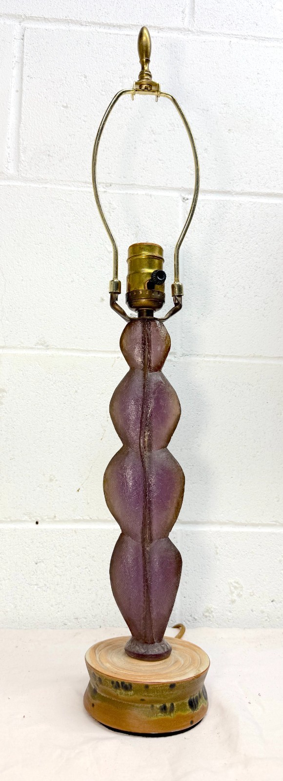 Rare vintage handmade MCM purple lucite and pottery base electric table lamp