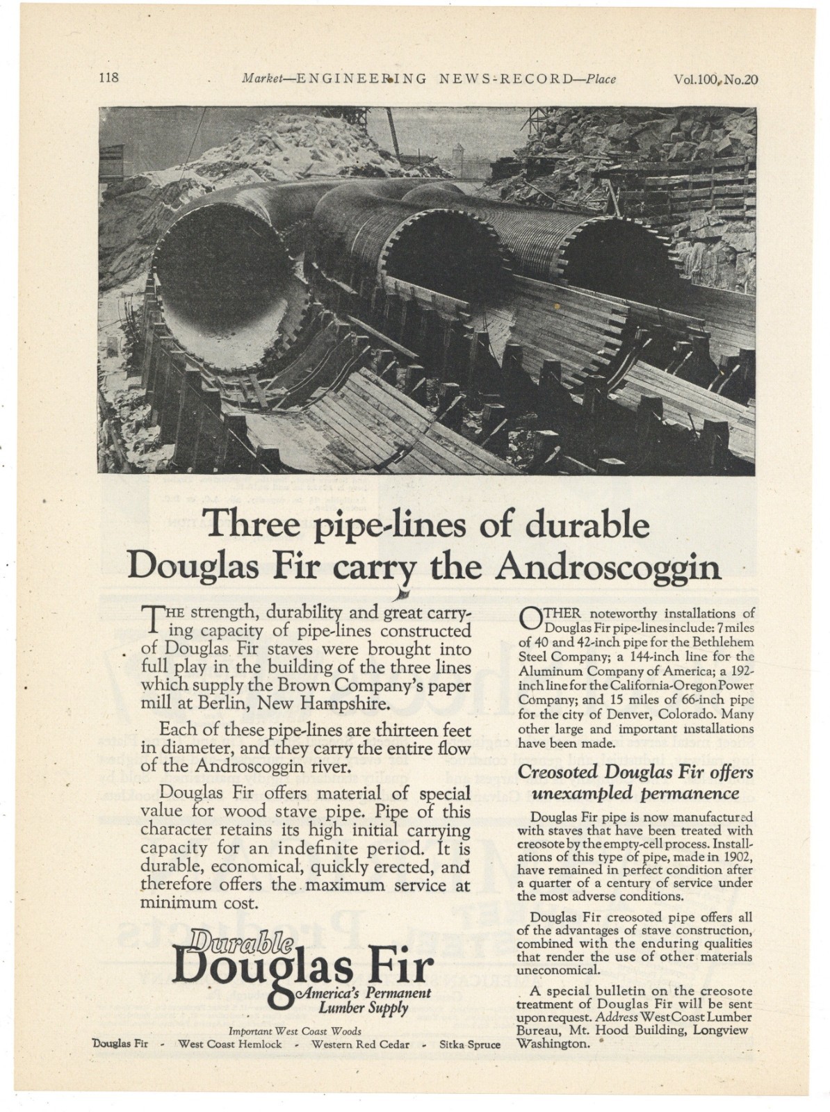 1928 Douglas Fir Ad: Pipeline to Brown Co. Paper Mill at Berlin New Hampshire