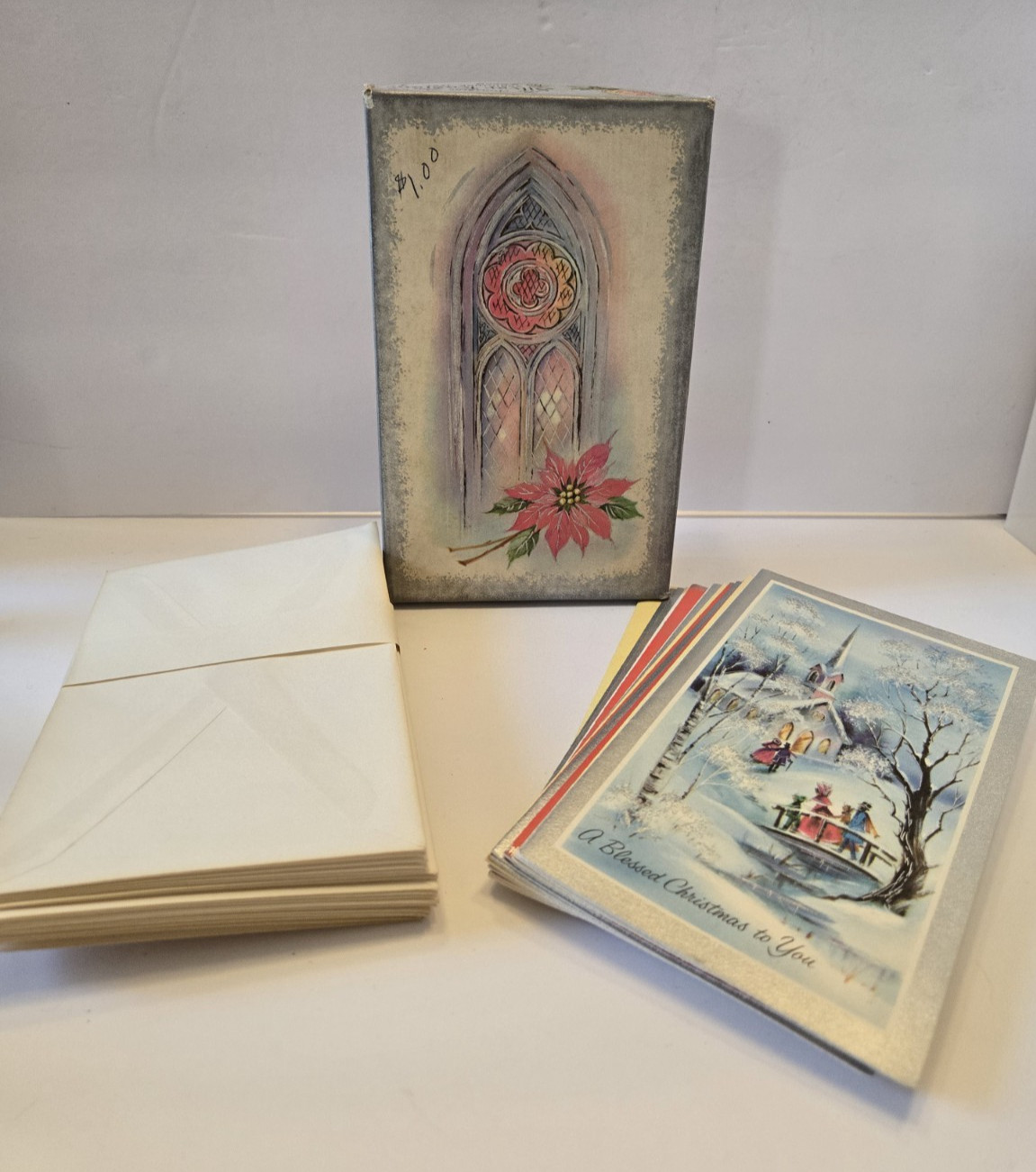 Vintage Sunshine Line Silver Radiance Christmas Cards Gold Foil Box 17 Ct 1950s
