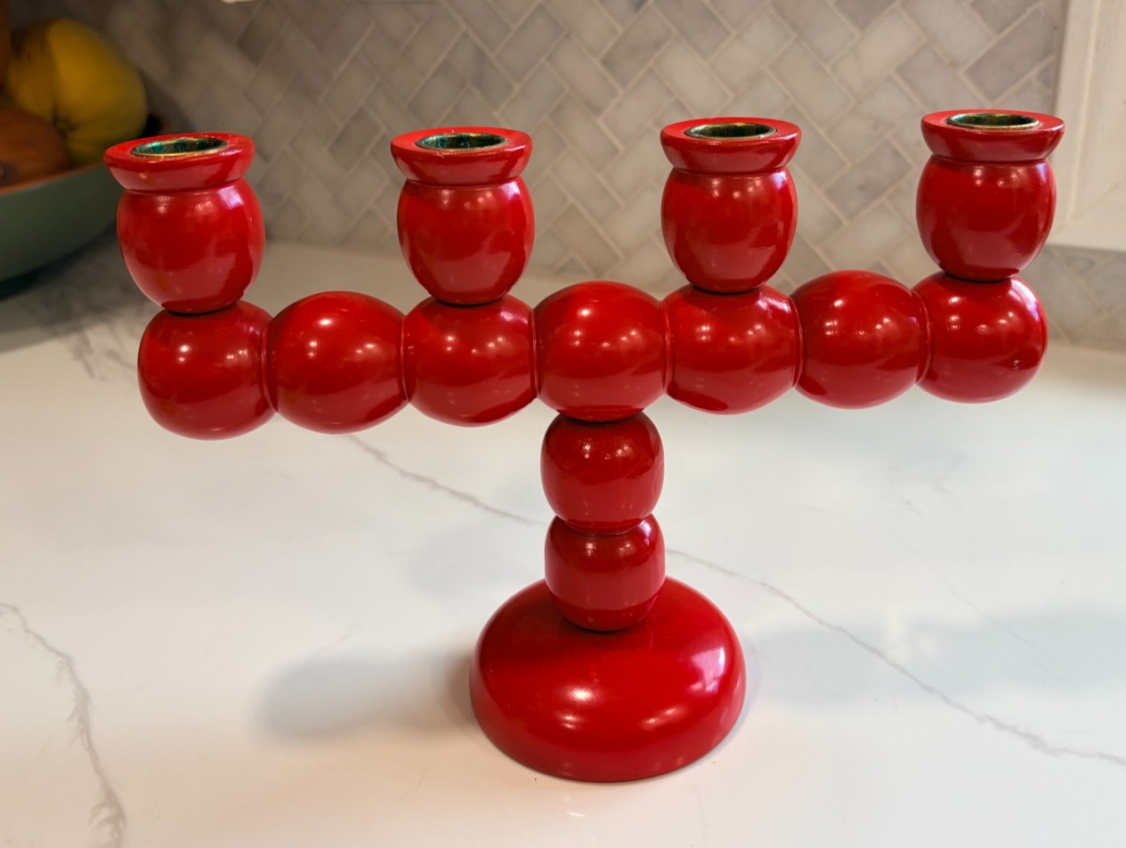 Vintage 7.5”x10” Swedish Red Wood Bobbin Candelabra Folk Art Candlestick Holder