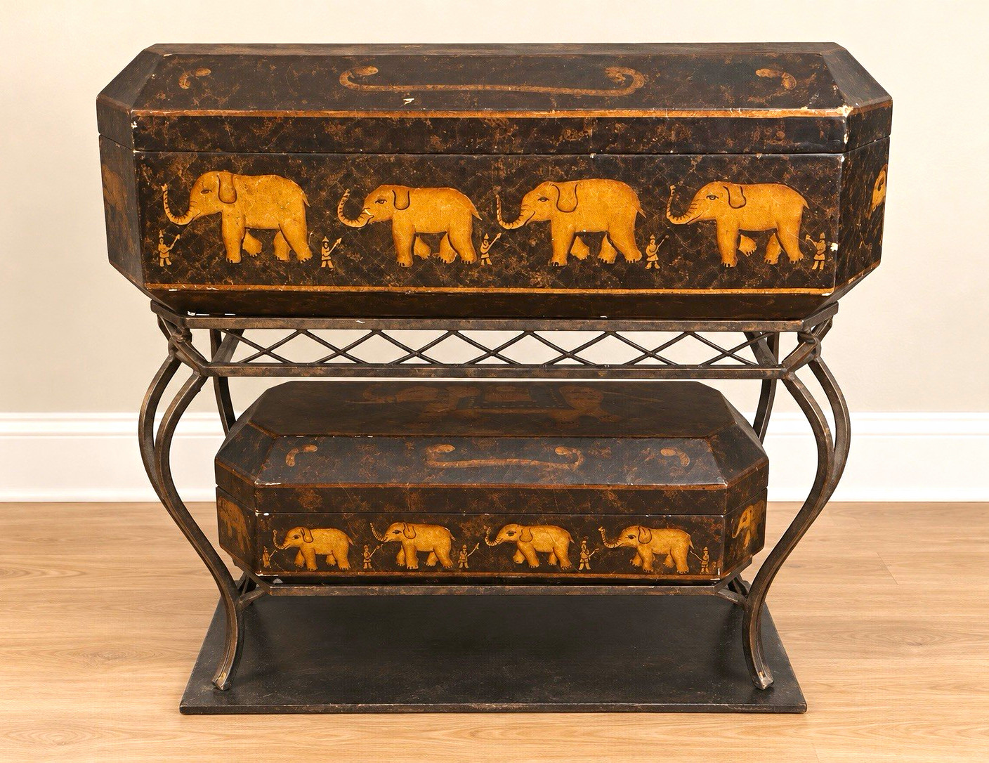 Black & Gold Elephant Animal Print Wood Storage Box with Lid, Rectangle