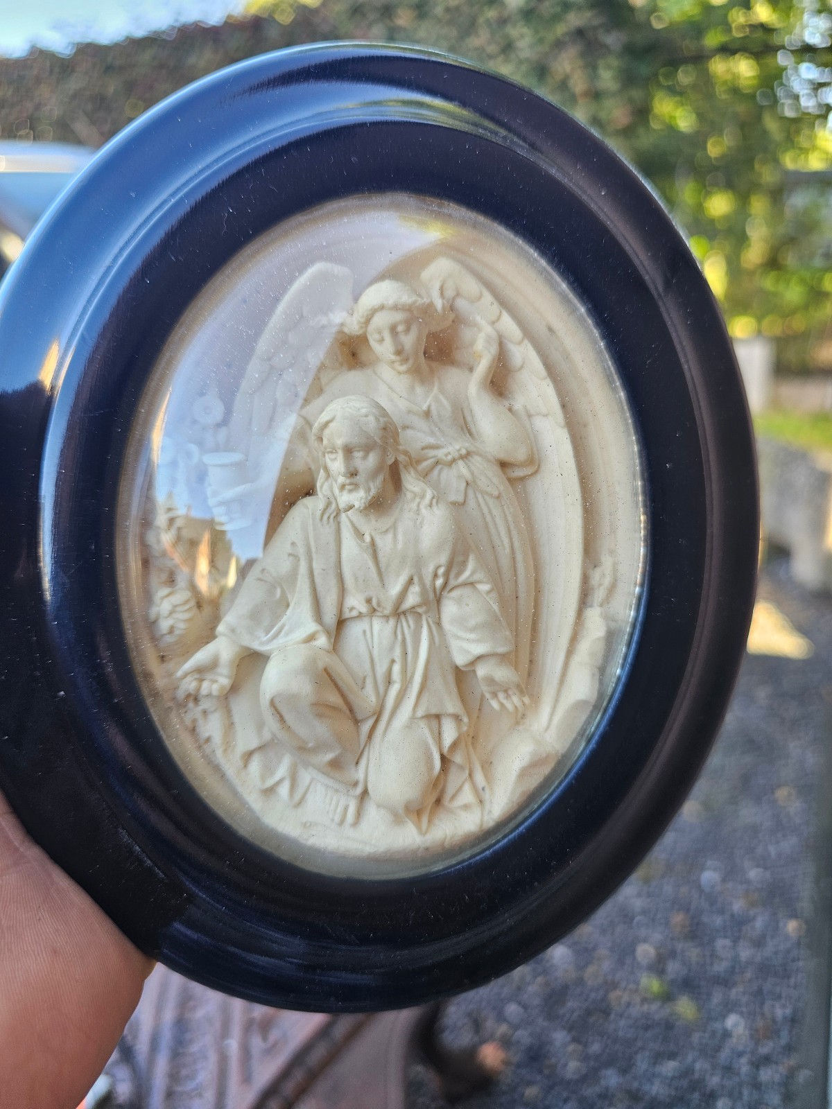 Antique Sea foam Religious plaque bas relief christ mount olives angel rare