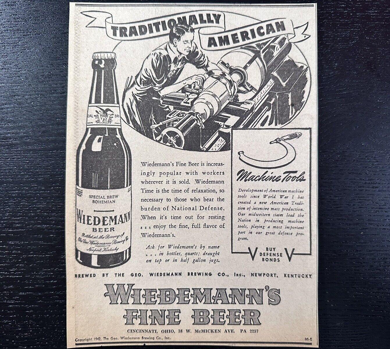 1942 Wiedemann Brewing Beer Newspaper Ad WWII WW2 Era Newport KY Cincinnati Ohio