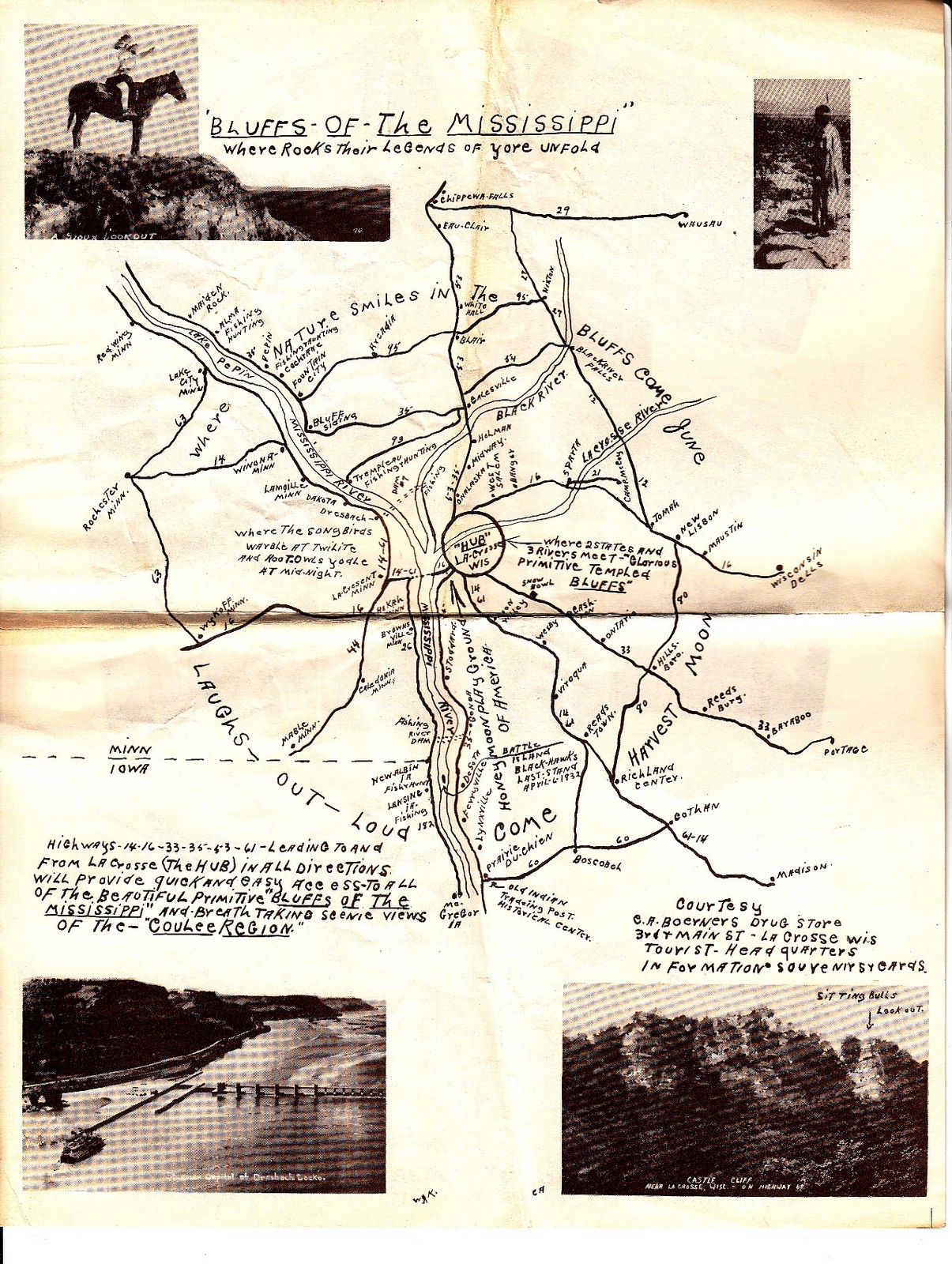 Bluffs of the Mississippi Wisconsin Vintage Tourist Map Boerners Drug Store