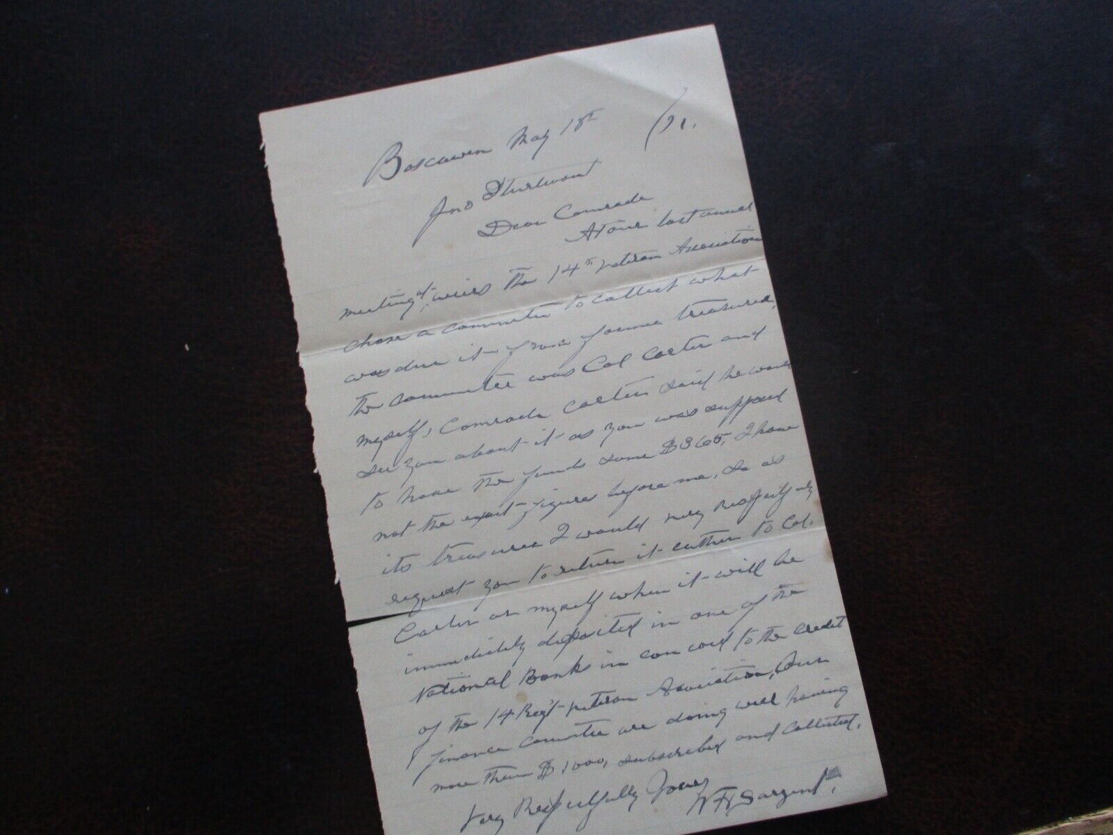 1891 W.H. Sargent Civil War P.O.W. Libby Prison 14th N.H. Signed Boscawen letter