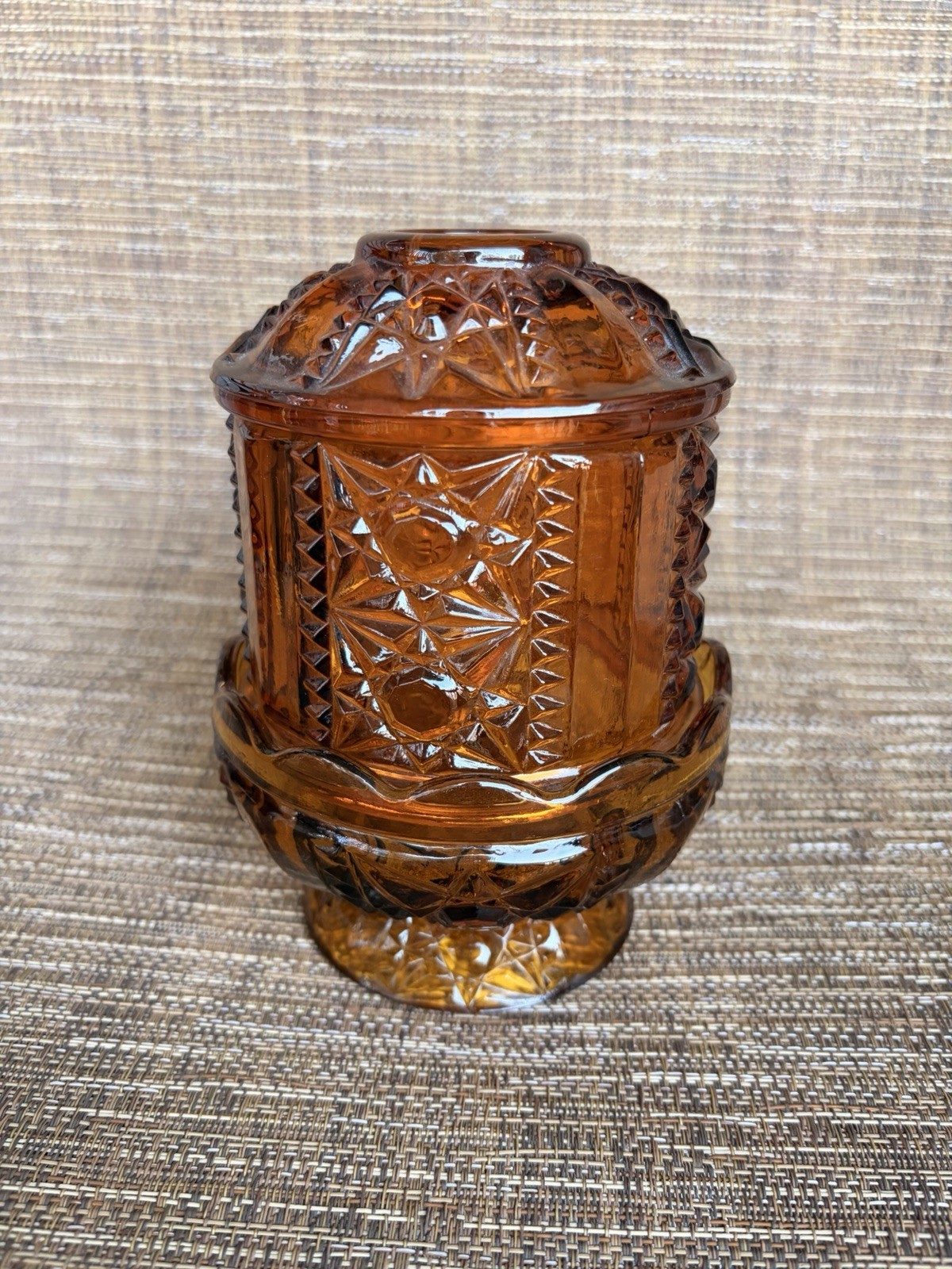 Vintage Amber Press Glass Fairy Lamp Candle Holder Diamond Star Pattern CRACKED