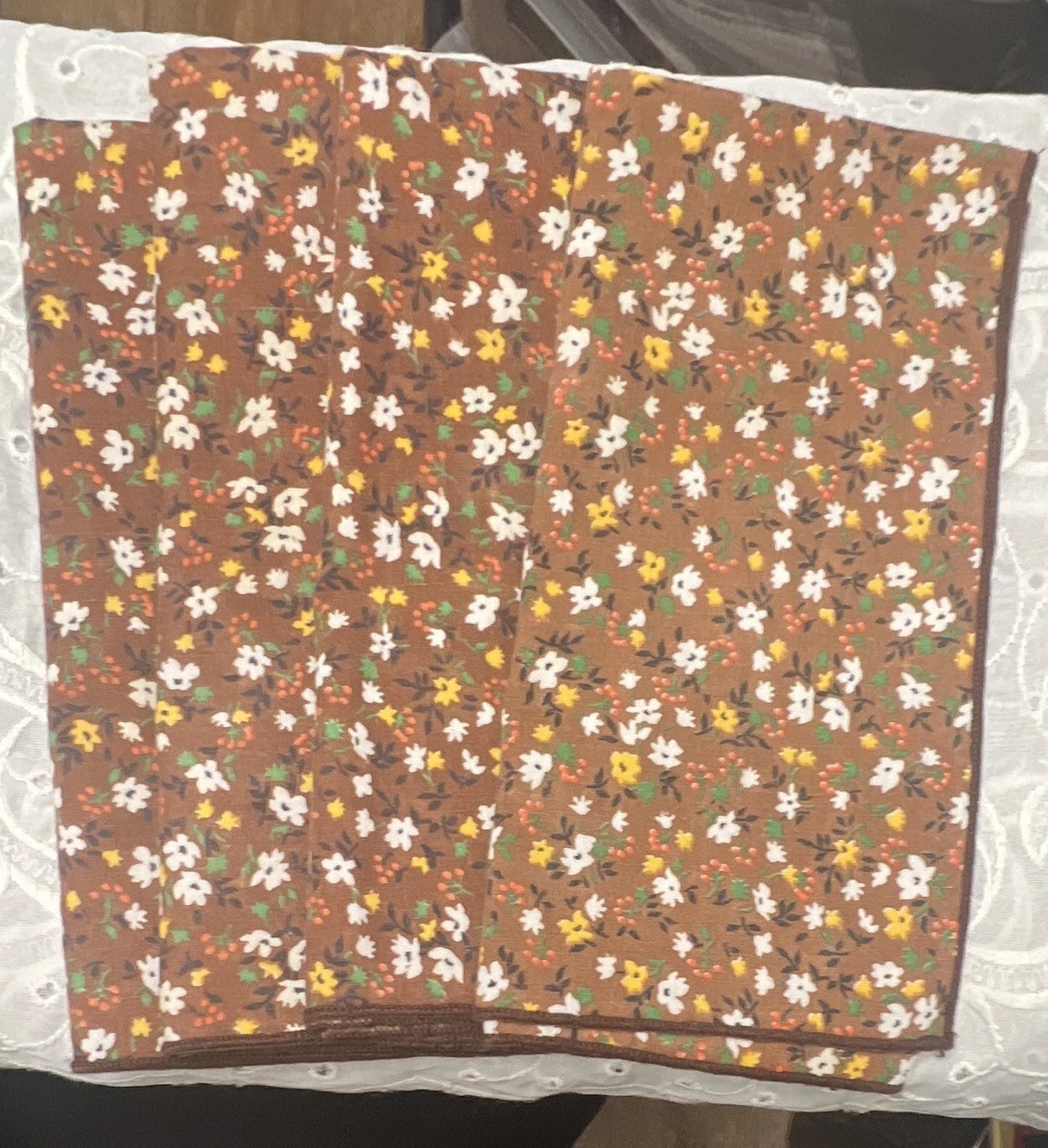 Lot of 4 VTG Brown Floral Cotton Fabric Napkins 16x16