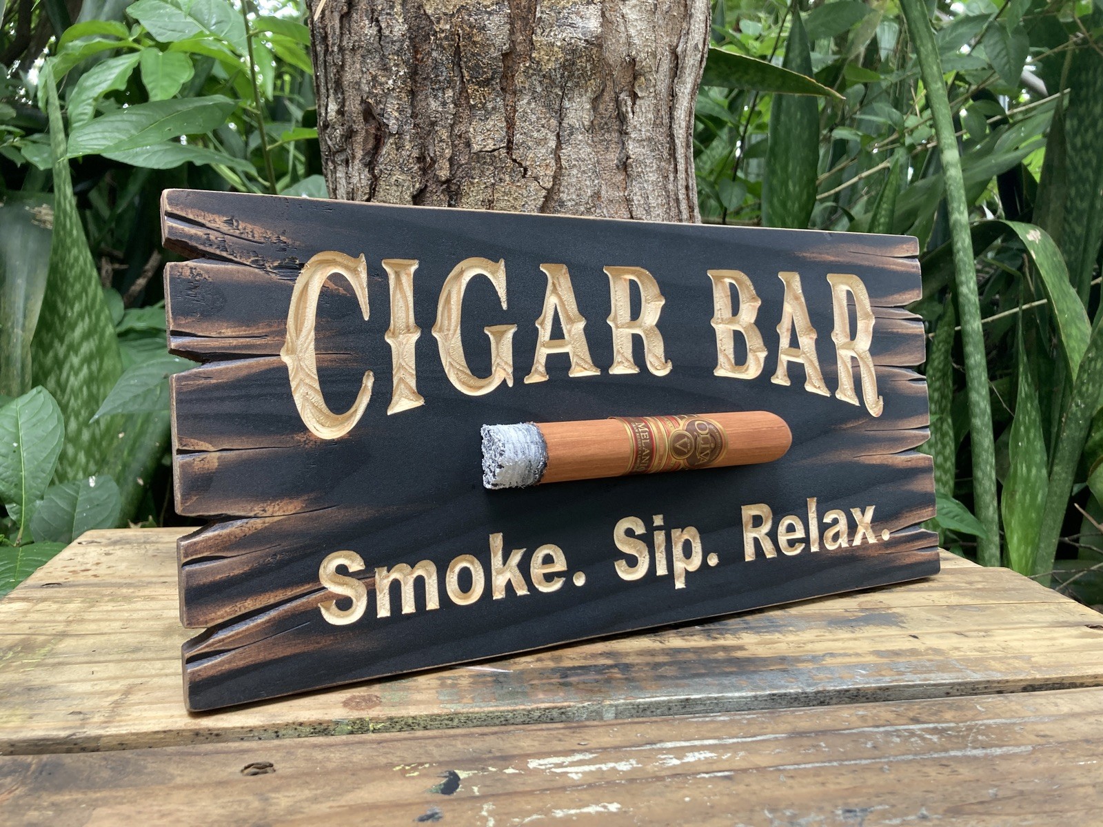 Cigar Lounge Whiskey Bar Bourbon  Wood Sign Carved Rustic Tavern Antique Look