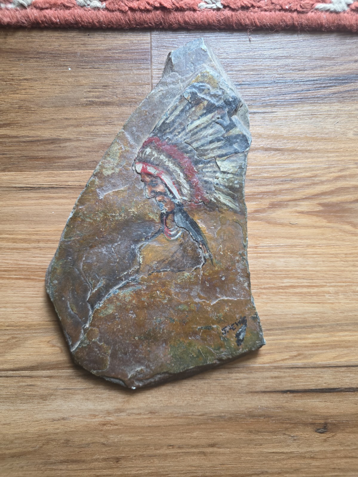Signed Native American Hand Painted On Stone Slab 8x 6
