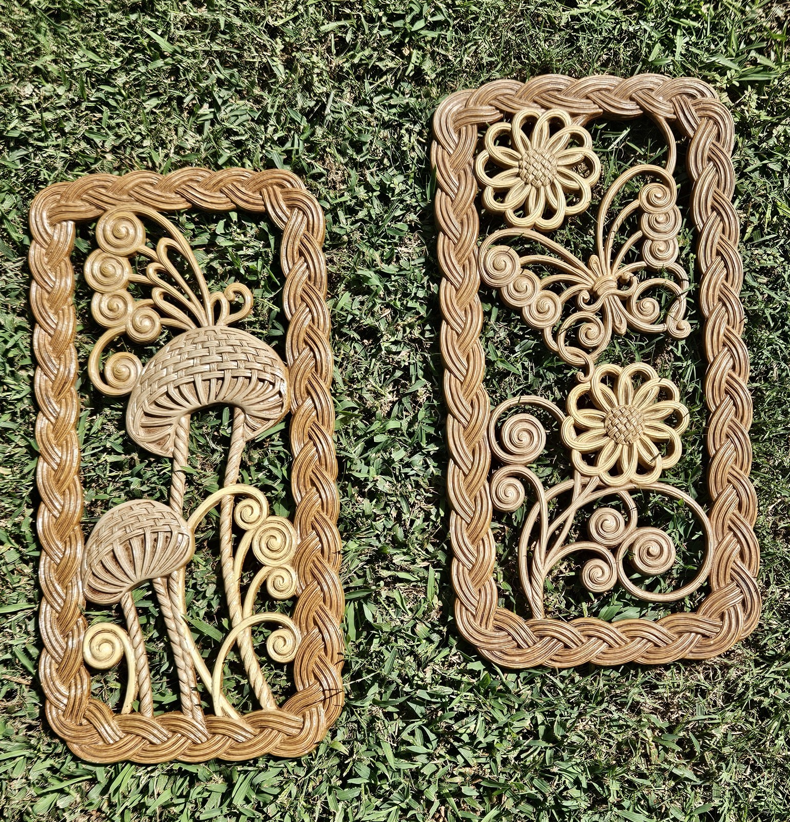 Vintage MCM Retro Burwood Mushroom and Butterfly Wall Art Plastic Rattan Set