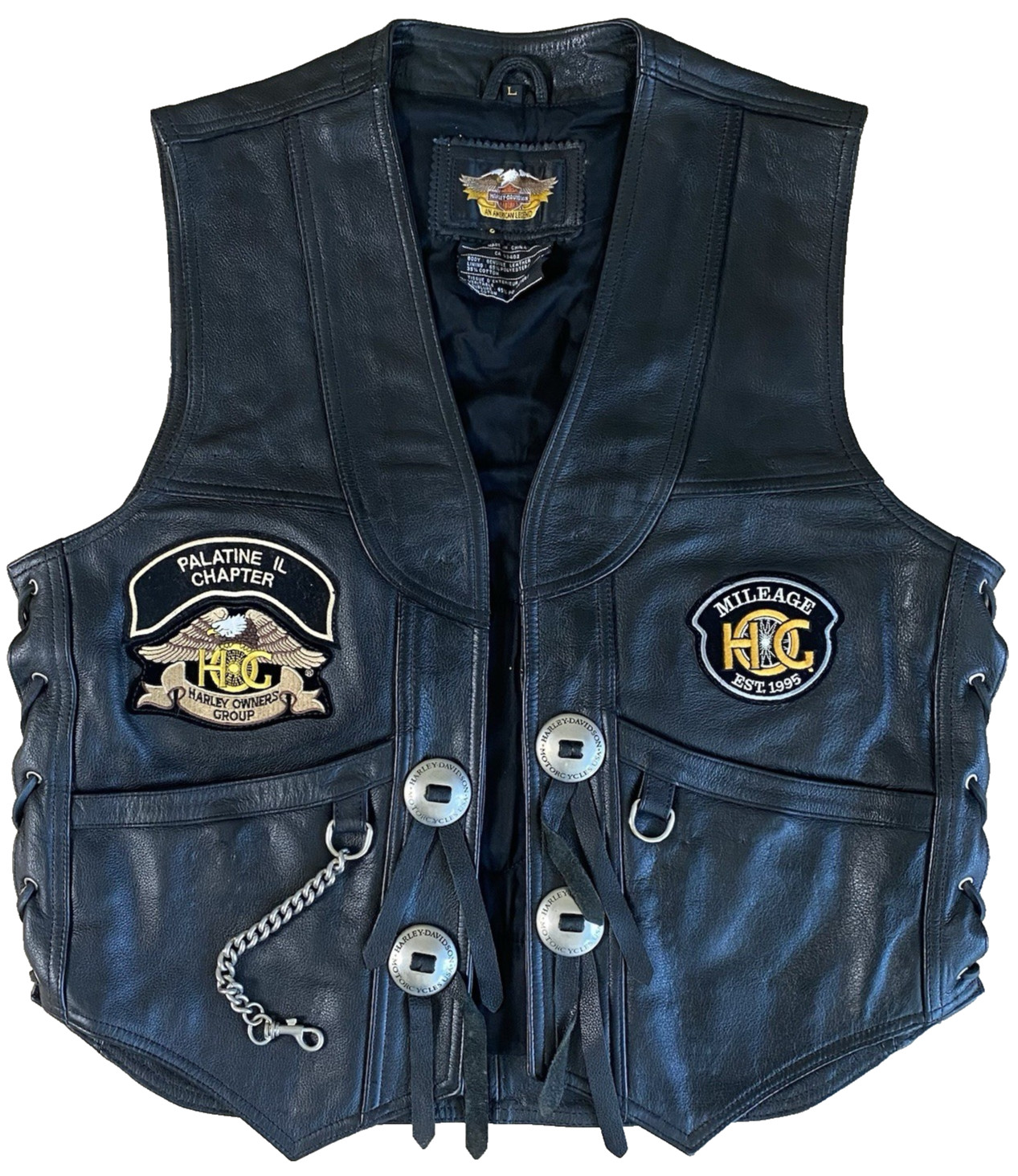 Harley-Davidson L Large Black Leather Vest Chain Closure Concho Buttons Patches