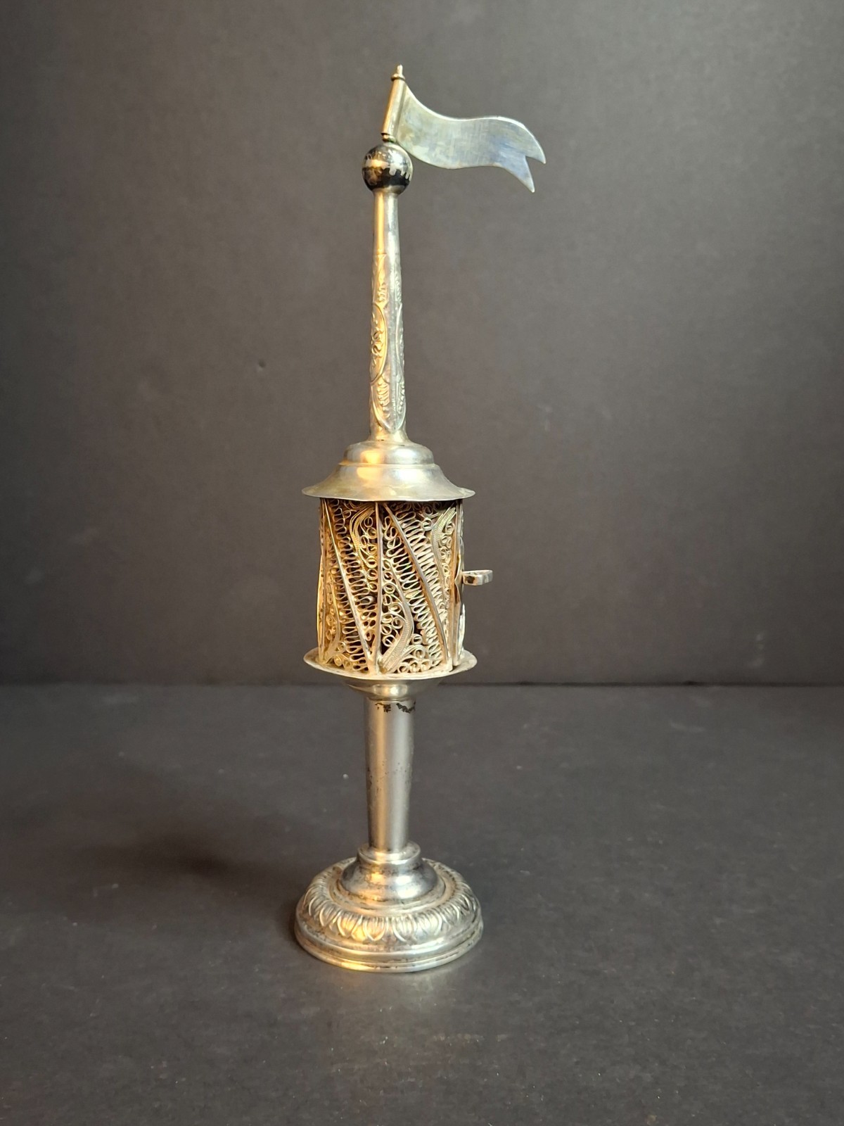 Antique 800 Silver Filigree Besamim Spice Tower Havdalah Judaica Flag 86g
