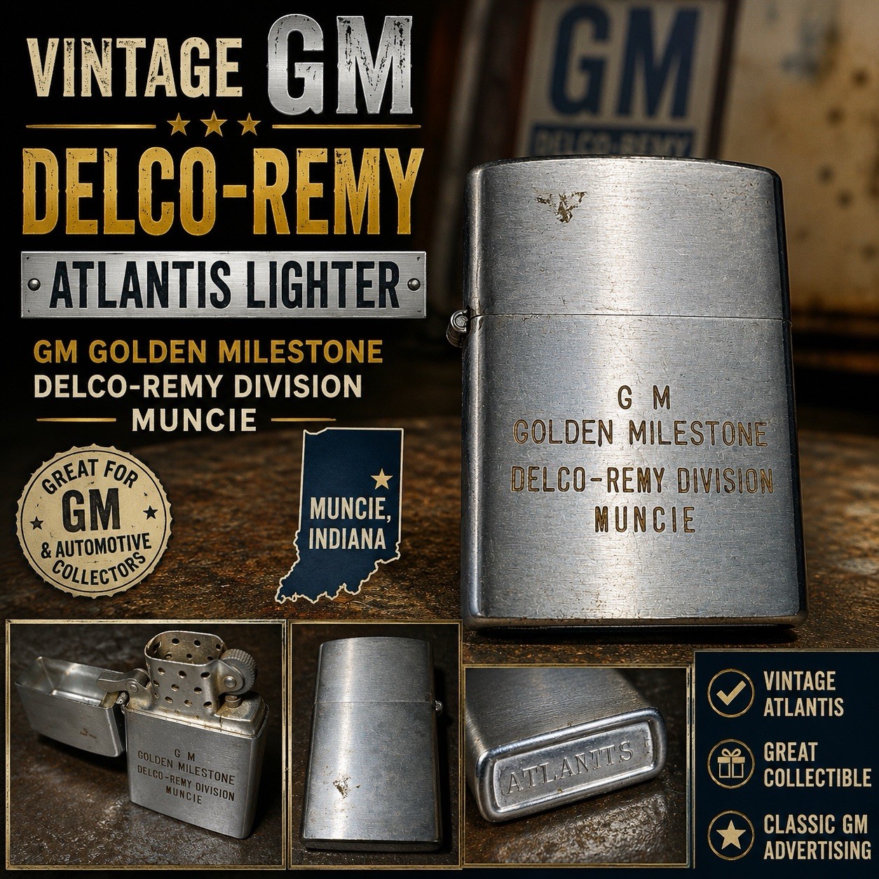 Vintage Atlantis GM Golden Milestone Delco Remy Muncie Lighter