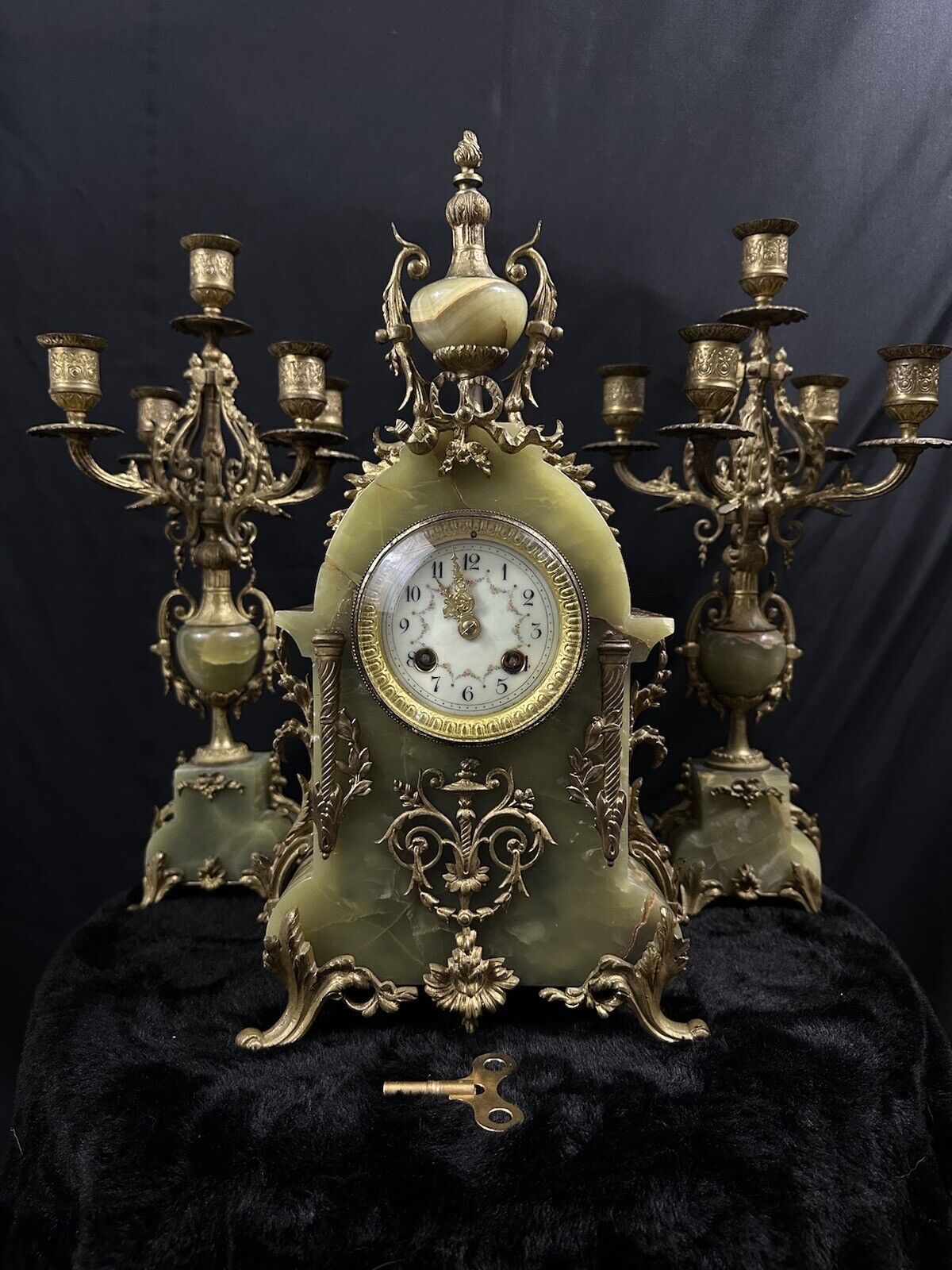 Antique Clock ,French Onyx Clock &  2 Candleholder  , 1800s Works Amazing