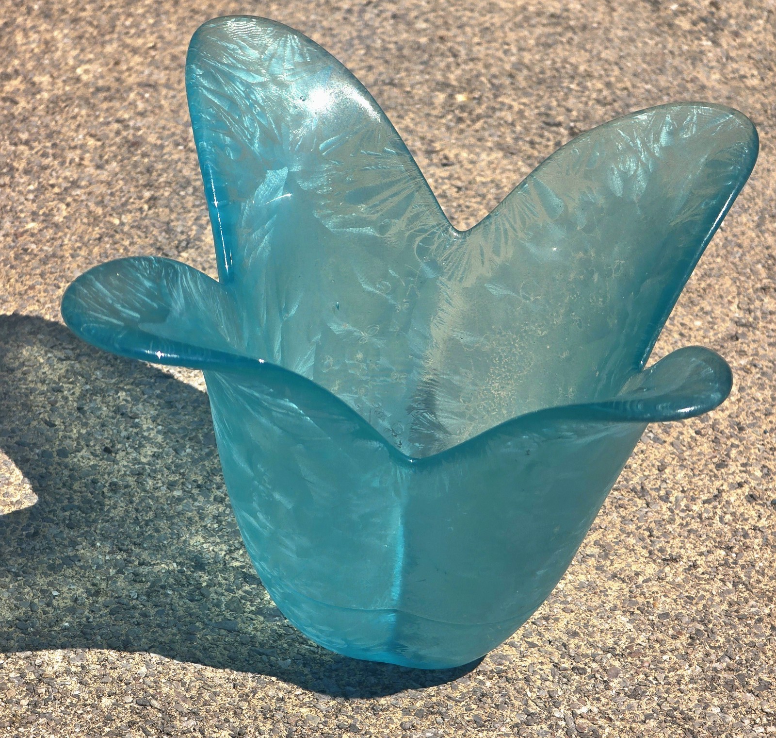 Vintage aqua blue tulip flower shape glass vase made Spain etched petal votive