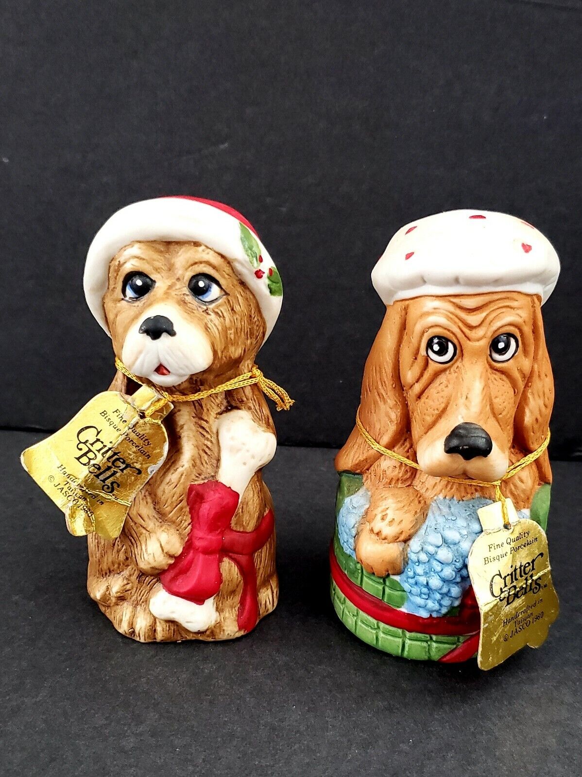 Vintage Jasco Dog Christmas Ornaments Critter Bells 1980 Lot Of 2