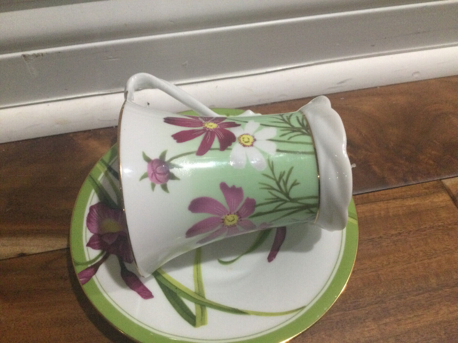 Naremoa Studio Cup and Saucer BRAIDED FOOT  AND HANDLE GREEN PURPLE FLORAL MINT