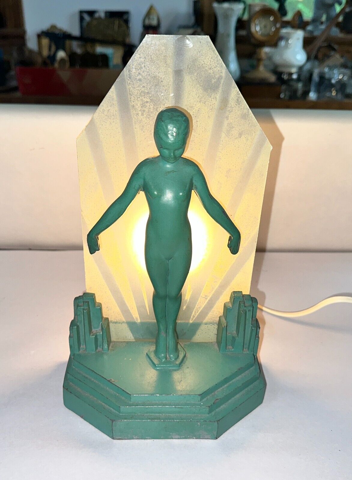 Antique Art Deco 1930’s Green Metal Silhouette Nymph Lamp Light