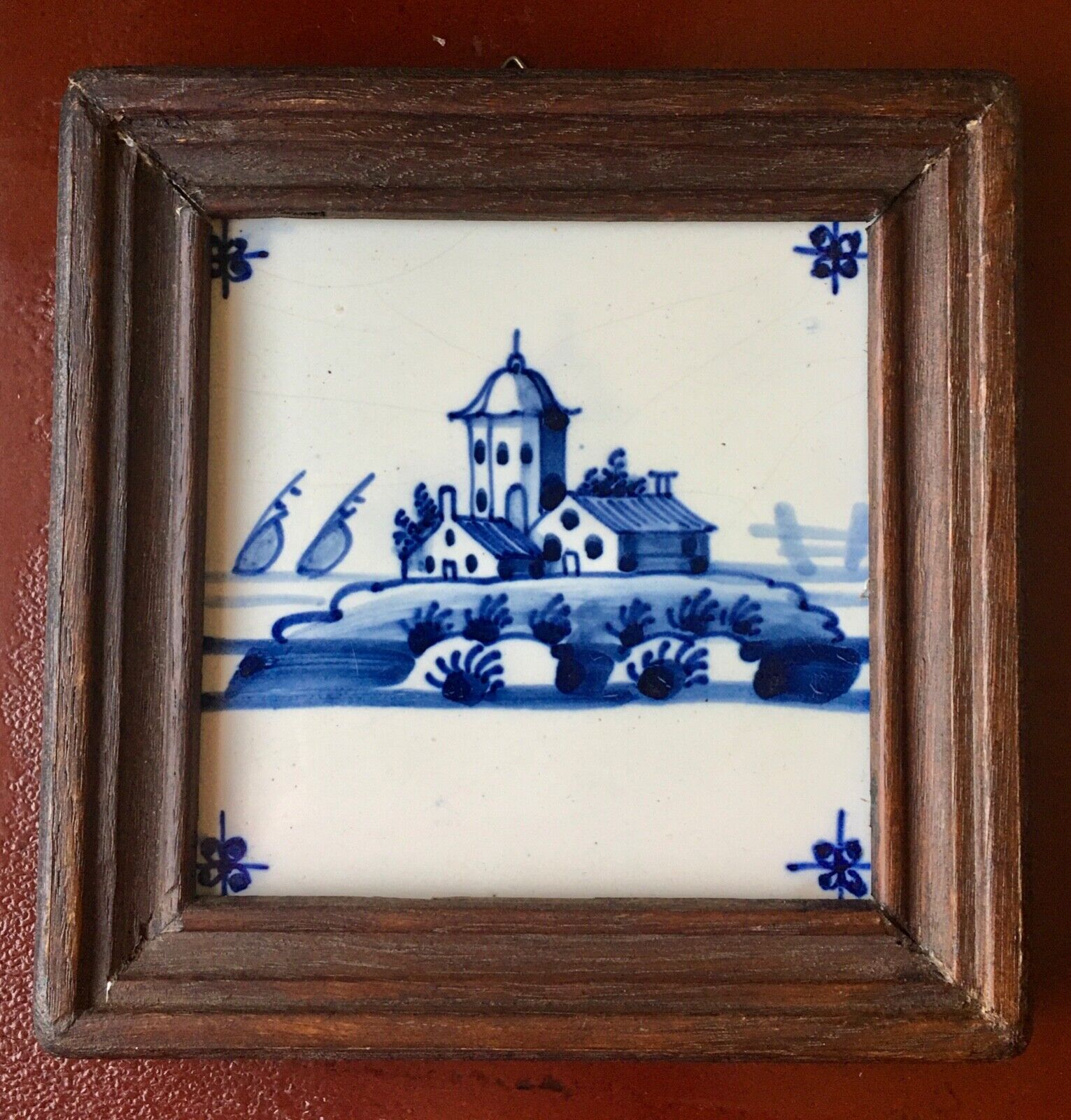 Antique Dutch Delft Blue & White Faience Tile in Carved Wood Frame