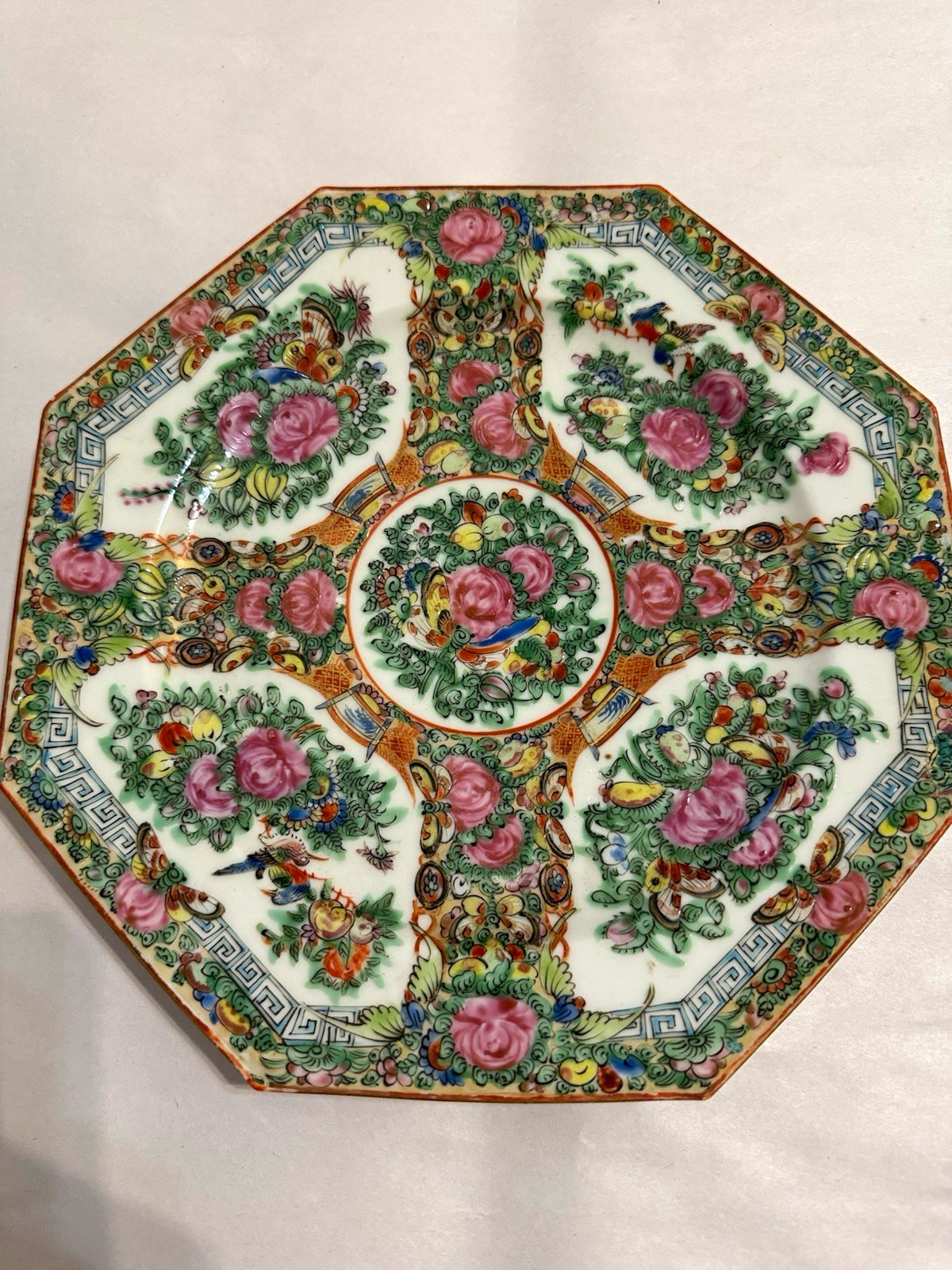 Chinese Octagonal Porcelain Plate Floral & Bird Design, Made in China Backstamp