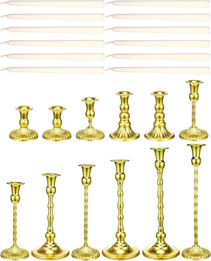 Suclain Brass Gold Candlestick Holders and Taper Candles Set 12 Vintage Taper...