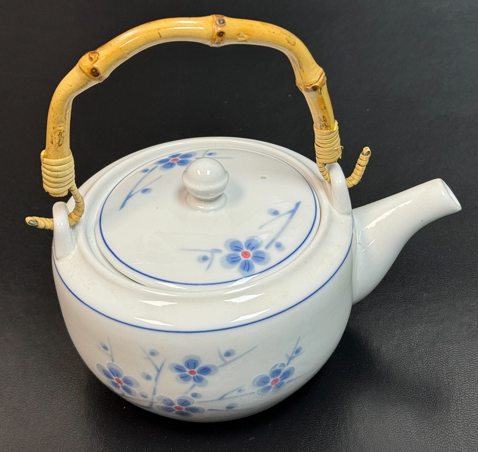 Cheng\'s White Jade Porcelain Tea Pot  White Cherry Blossom with Bamboo Handle