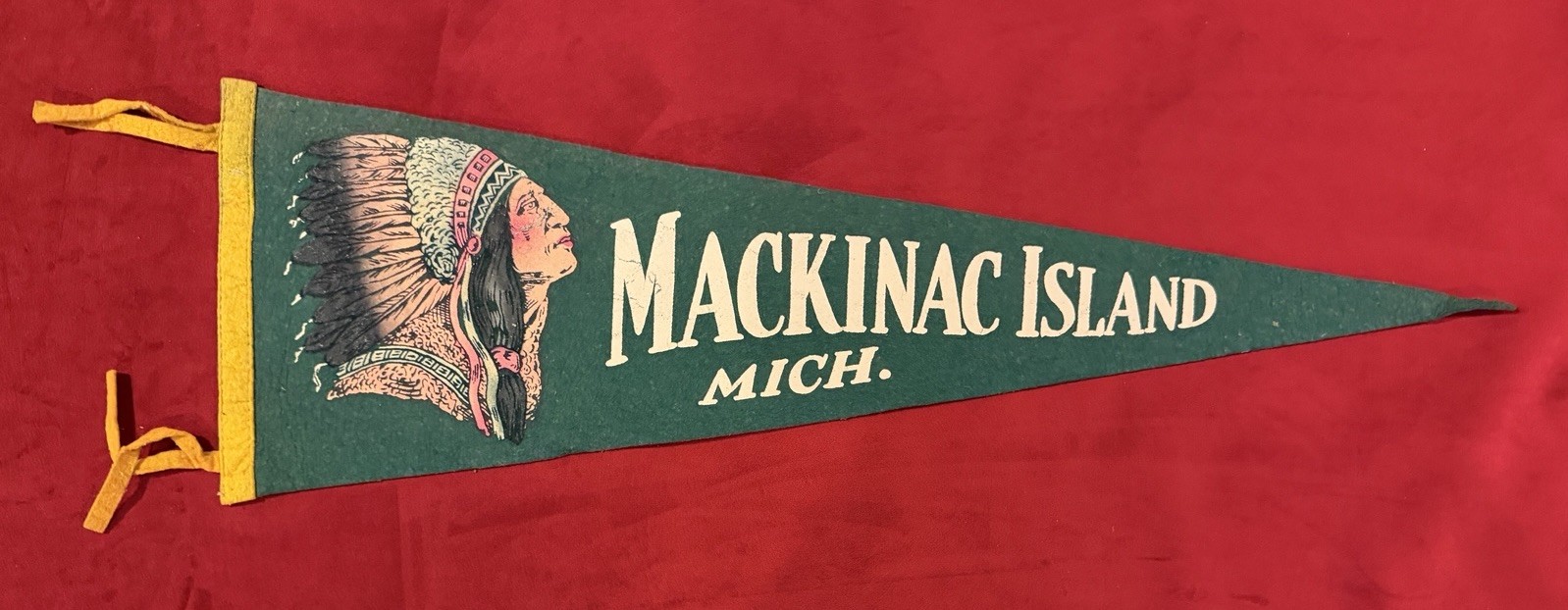 Vintage Mackinac Island Michigan 25 Inch Travel Pennant Native American Chief