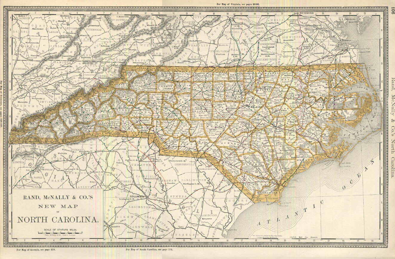 State of North Carolina Rand McNally color map showing railroads 1888