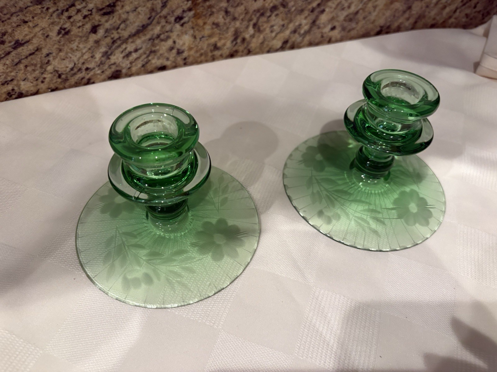 Green Depression Glass, 2 Candle Holders Uranium Glass, Vintage Etched Glass Green Depression Glass, 2 Candle Holders Uranium Glass, Vintage Etched Glass