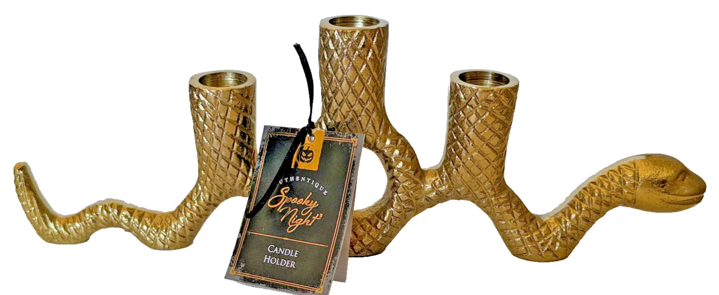 Spooky Night Halloween Brass Color Snake Triple Three Candle Stick Holder 14x5