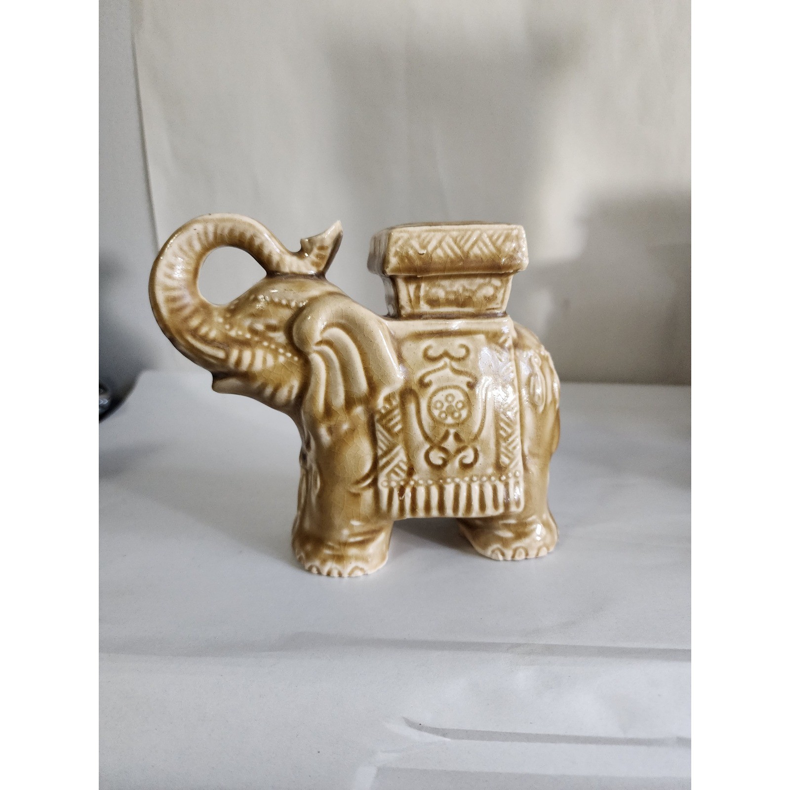 Vintage Ceramic Elephant Figurine Tan Glazed Ornate Decorative Statue Good Luck