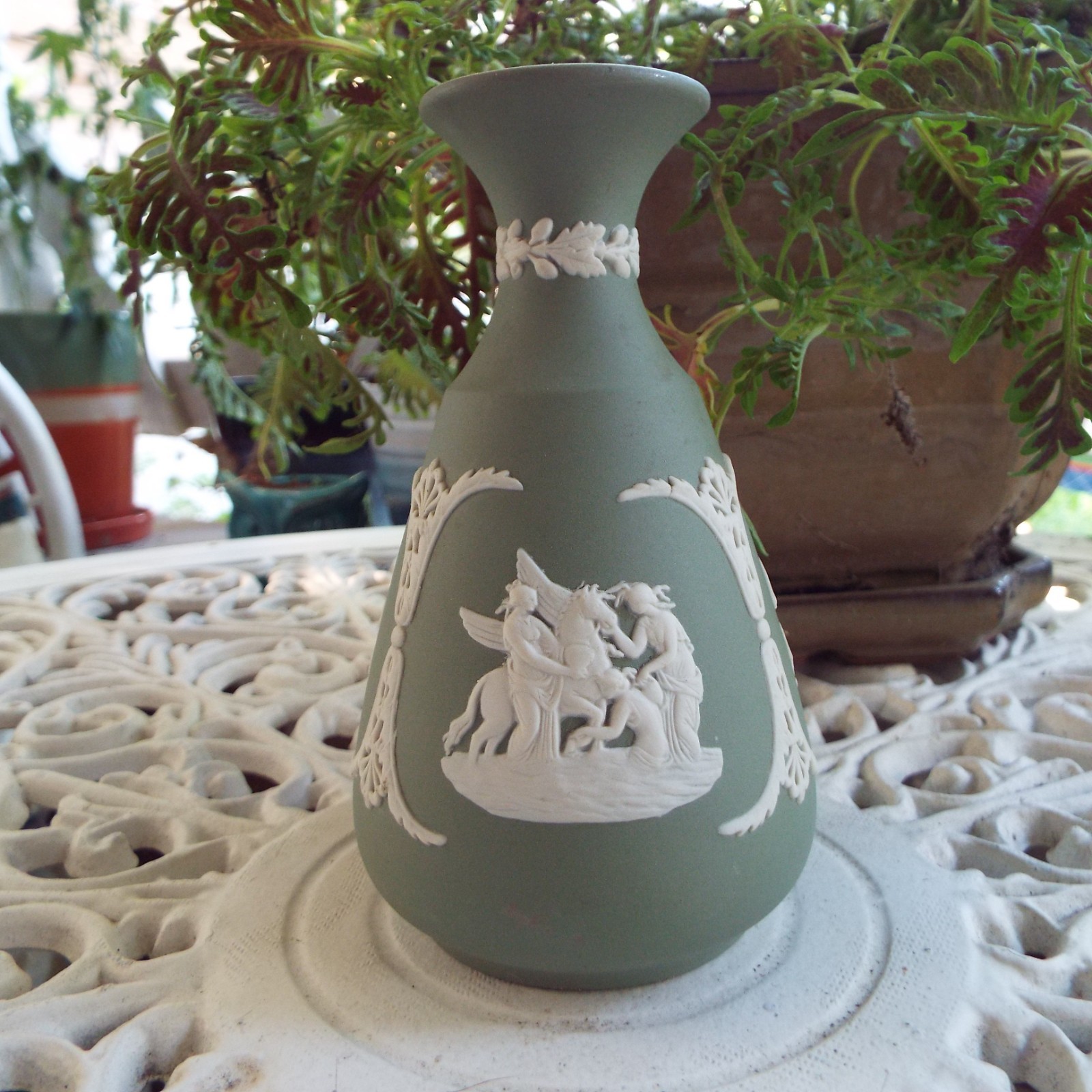 Vintage 1976 Wedgwood Celadon Green Jasperware Cameo Bud Vase