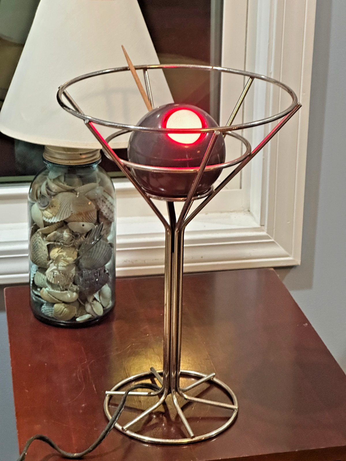 1993 David Krys Martini Glass Chrome w Olive Lamp, Red Pimento Bulb, Post-Modern