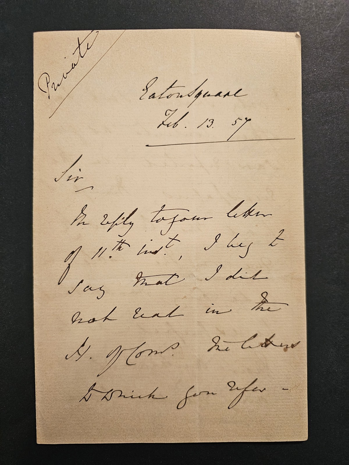 1857 ALS Sir John Somerset Pakington Signed Letter Eaton Square House of Commons