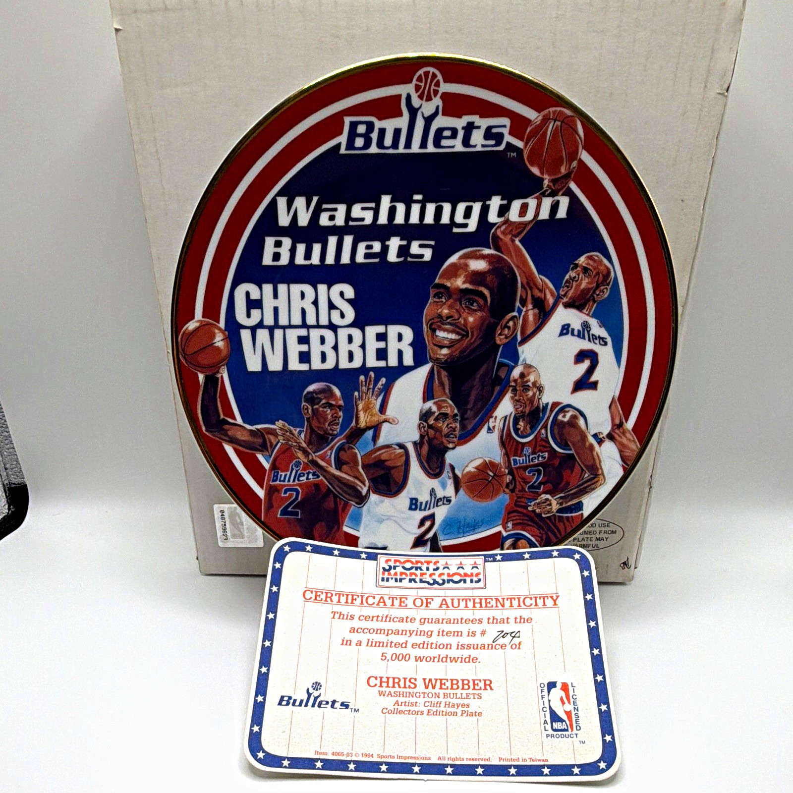 Vintage 1995 Chris Webber Washington Bullets NBA Collector Plate COA Box #704