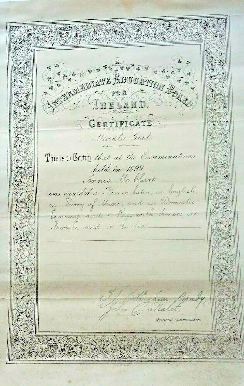 IRELAND 1899 EXAM CERTIFICATE INTERMEDIATE EDUCATION FOR LATIN ENGLISH FRENCH