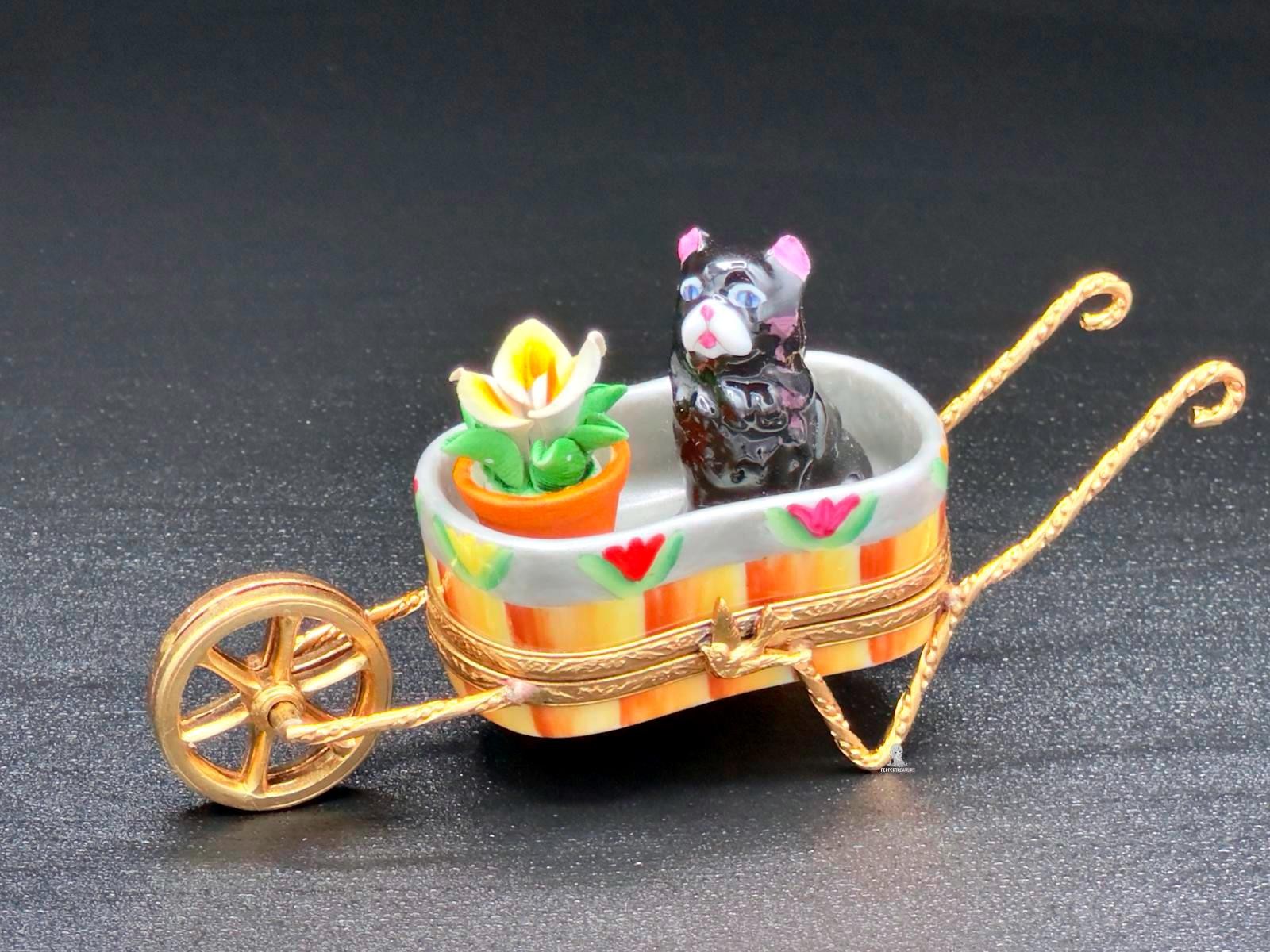 Rochard Limoges France Cat in Wheelbarrow Trinket Box Peint Main Signed w/ Box
