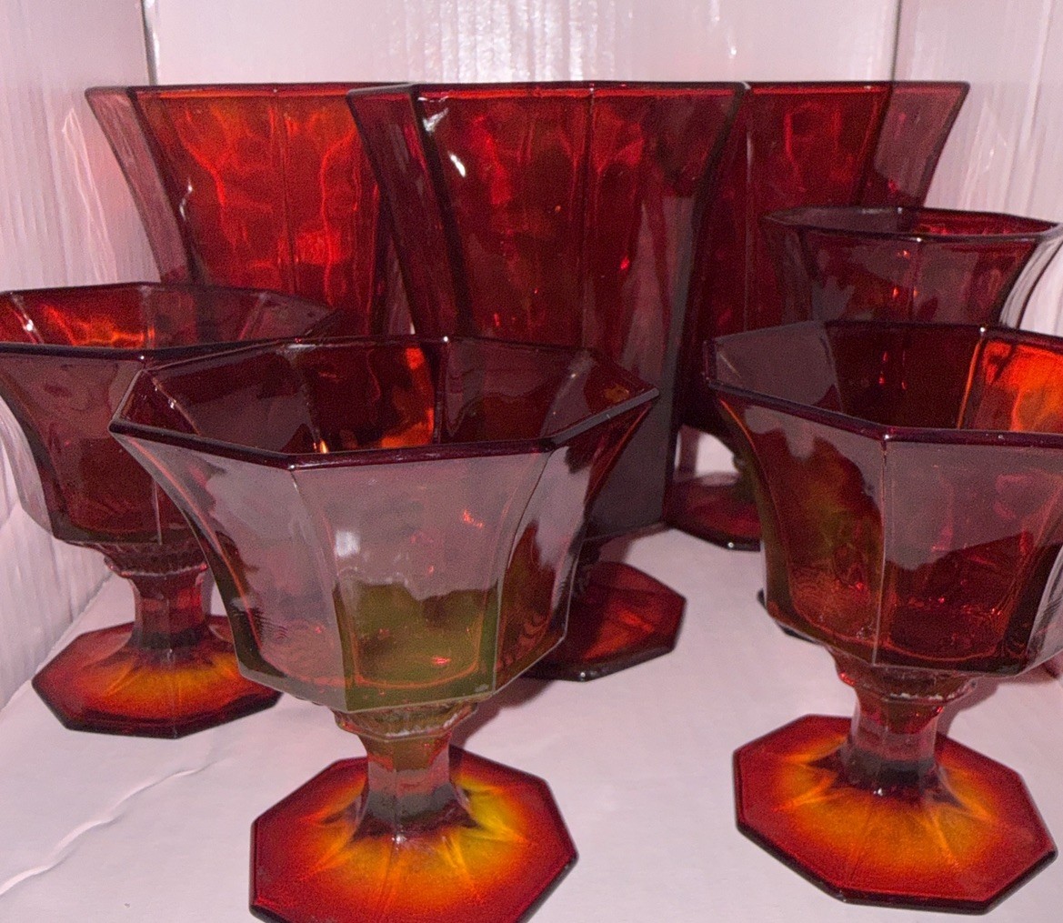 7 pcs VTG Independence Amberina Glow Ruby Red Goblets 3-6”, 3-4” and 1-5”
