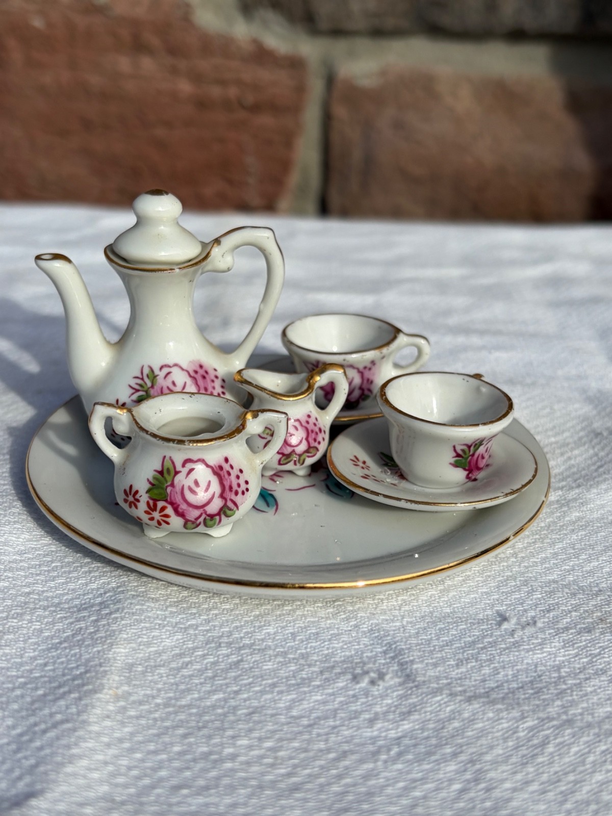 Vintage Japanese Miniature Porcelain Tea Set - 10 Pc Pink Rose & Gold Trim