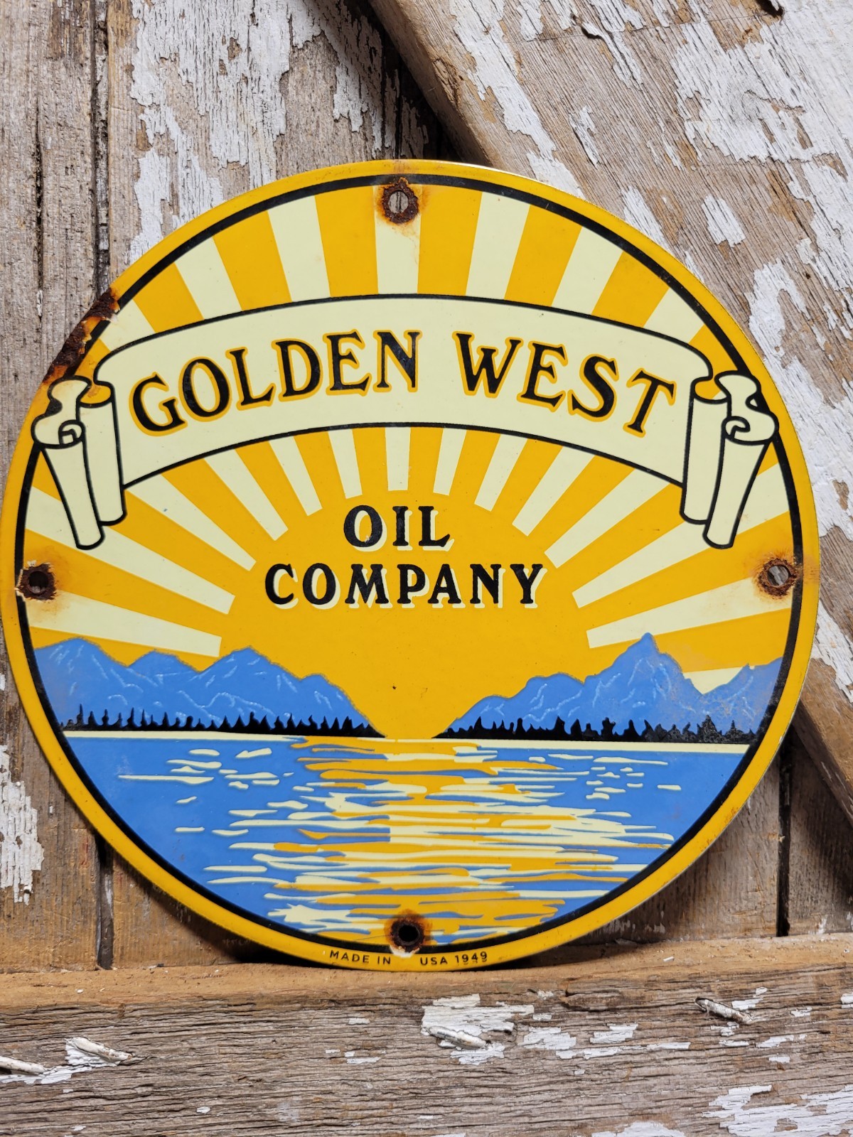 VINTAGE GOLDEN WEST PORCELAIN SIGN OLD GAS OIL COMPANY 1949 MOTOR ENGINE SUNSET