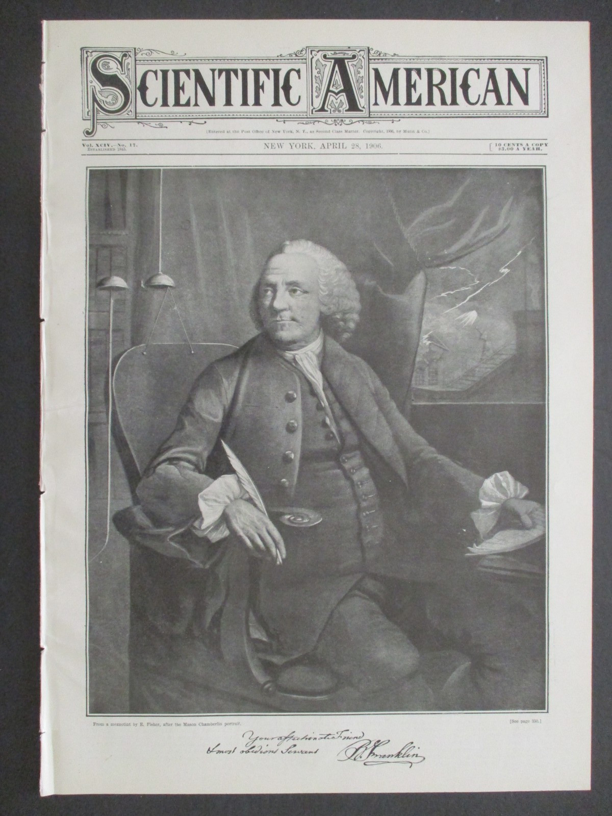 1906 BENJAMIN FRANKLIN SCIENTIST INVENTOR ELECTICAL MACHINE SCIENTIFIC AMERICAN