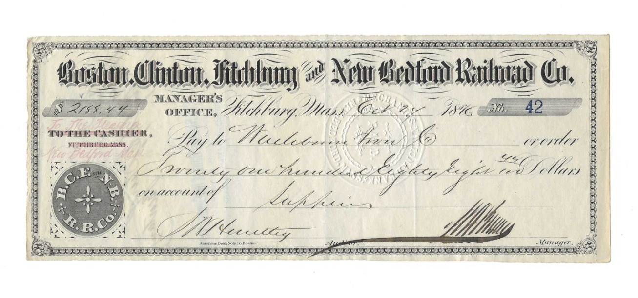 1876 Boston Clinton Fitchburg and New Bedford Railroad Co Check Fitchburg MA