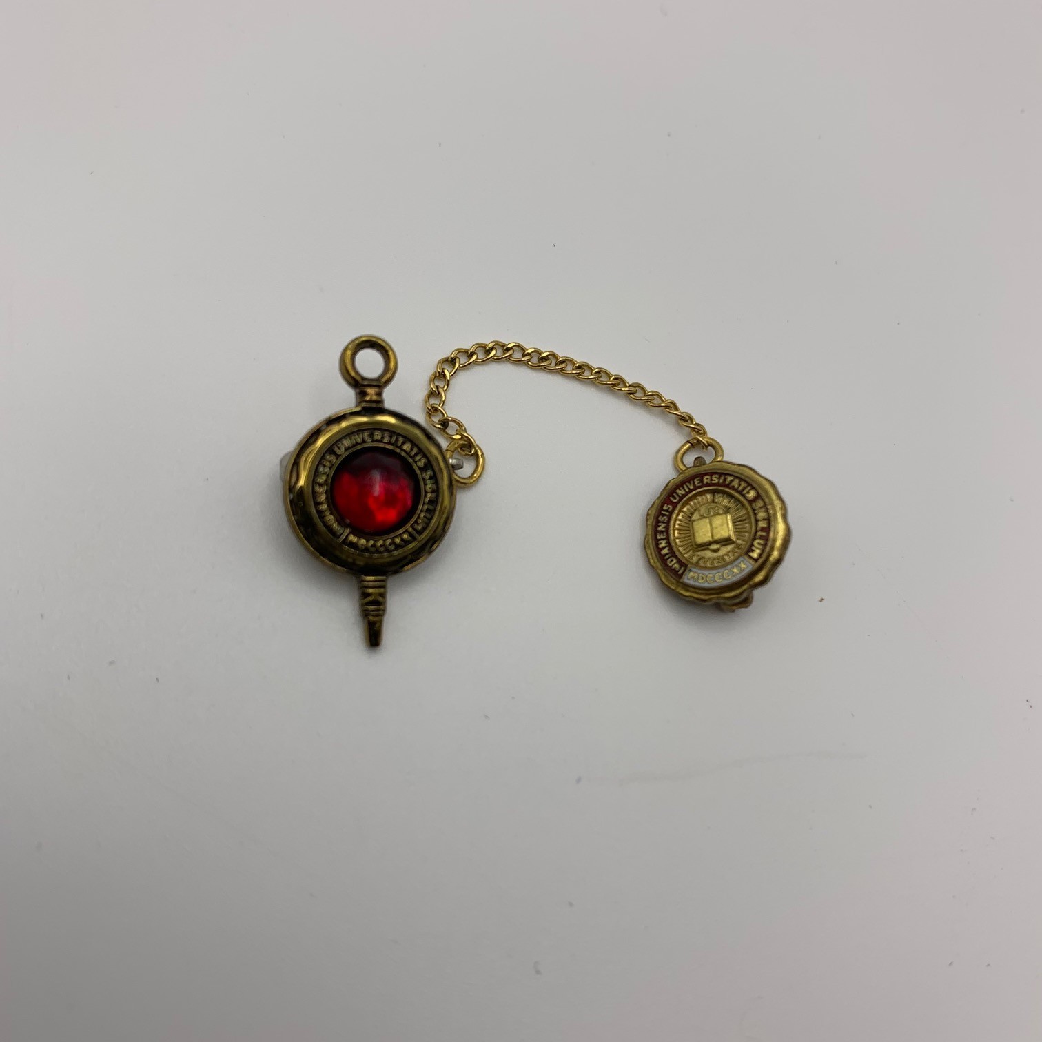 Vintage Indiana University Pin Key Guard Chain Red Stone IU Seal Gold Tone